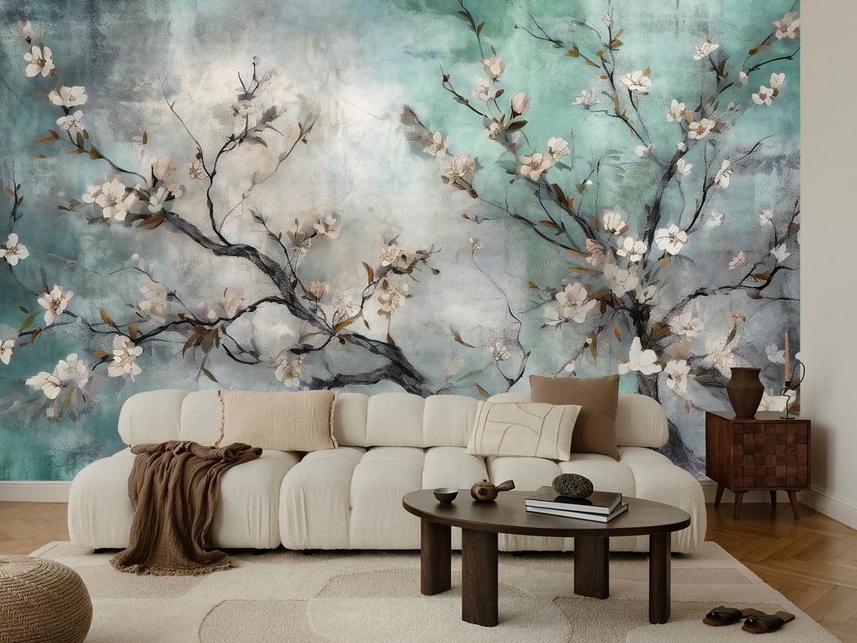 FOTOTAPETE für Schlafzimmer Abstrakte Kirschblüten Beton Pflanzen 150x105 - Beige/Braun, Papier (150/105cm) - Muralo