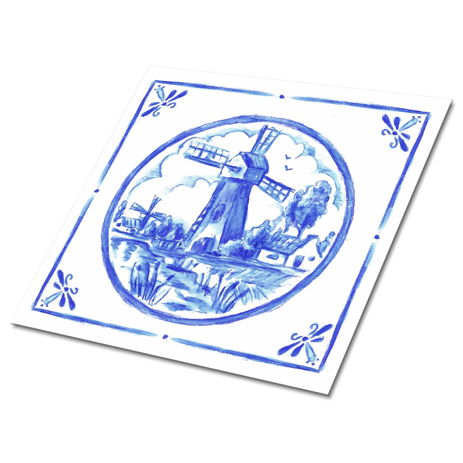 SELBSTKLEBENDE Wandfliesen 9 Stück 30x30 cm - Windmühle im Azulejos-Stil - Blau, Textil (30/1.6/30cm) - TULUP