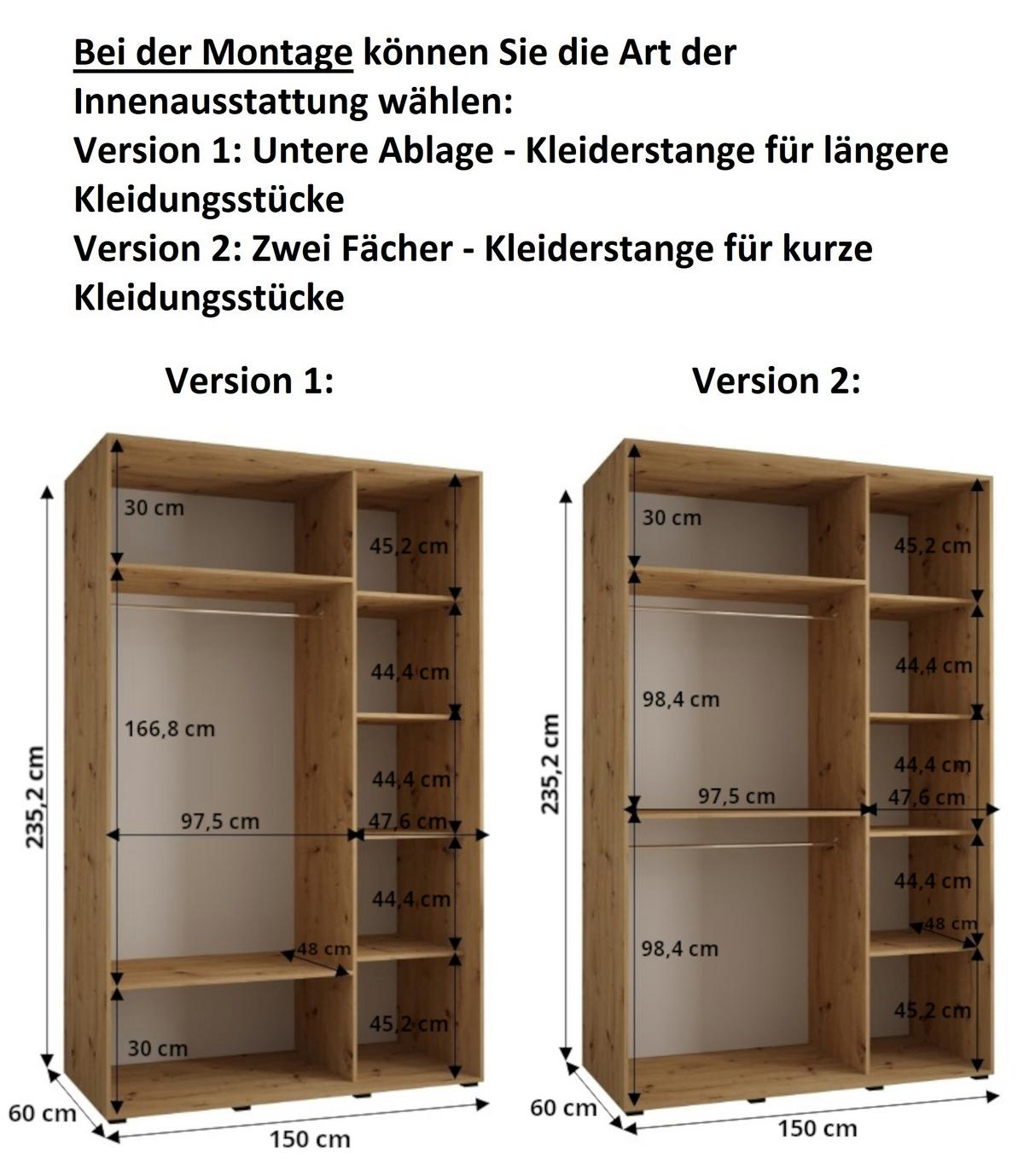 SCHWEBETÜRENSCHRANK 235,2/150/60 3-türig - Kaschmir/Schwarz, Holz/Metall (150/235.2/60cm) - MÖBEL KRYSPOL