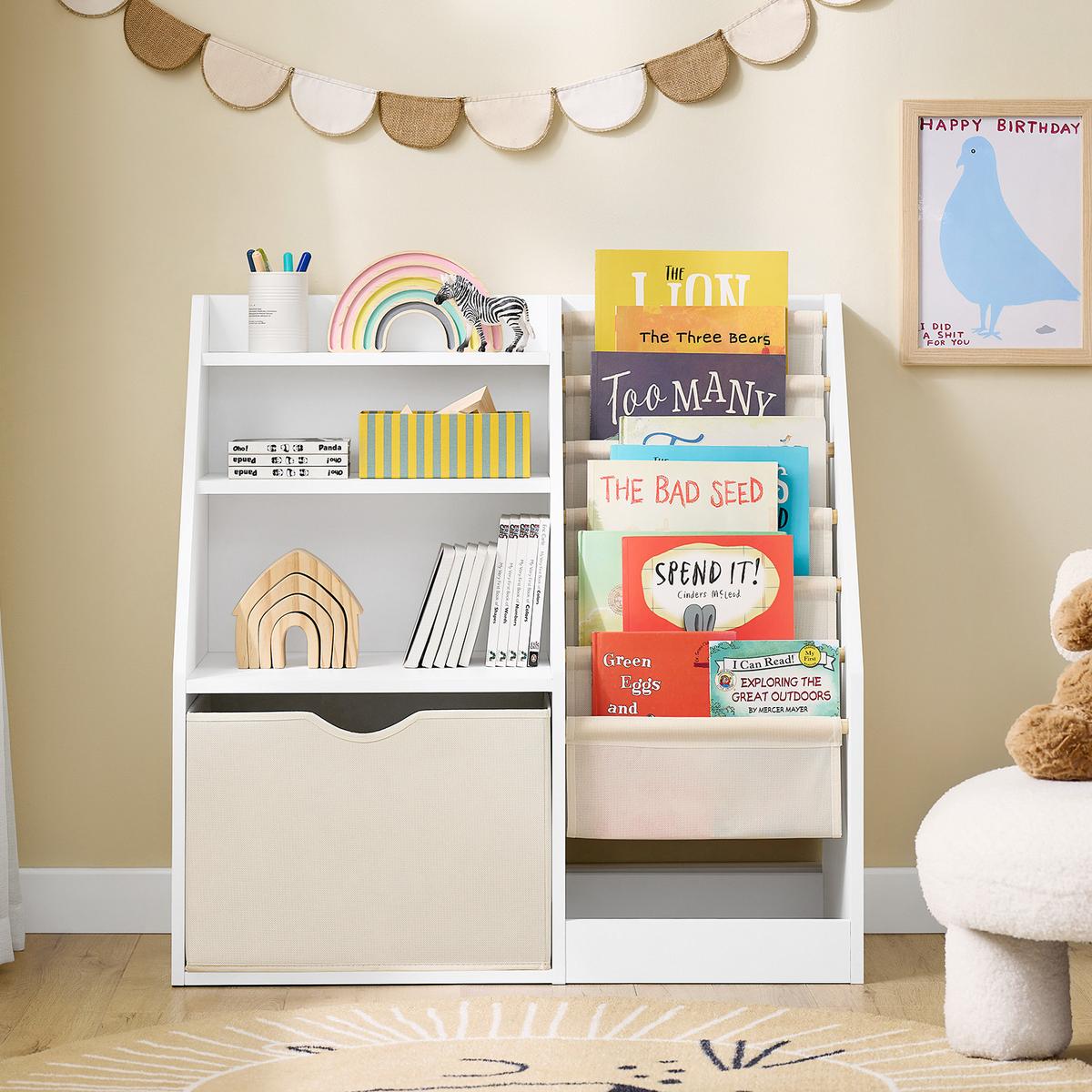 KINDER-BÜCHERREGAL mit Stofftaschen, 80x80x40cm Weiß - Weiß, Holzwerkstoff (80/80/40cm) - SoBuy