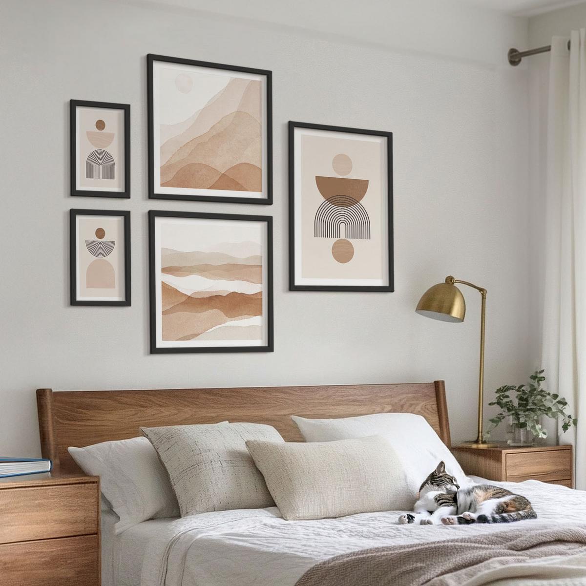BILDER SET 5er Set - 50x50 cm & 20x30 cm & 40x60 cm Schwarzer Rahmen - Abstraktes Boho-Design - Schwarz, Kunststoff (40/60cm) - TULUP
