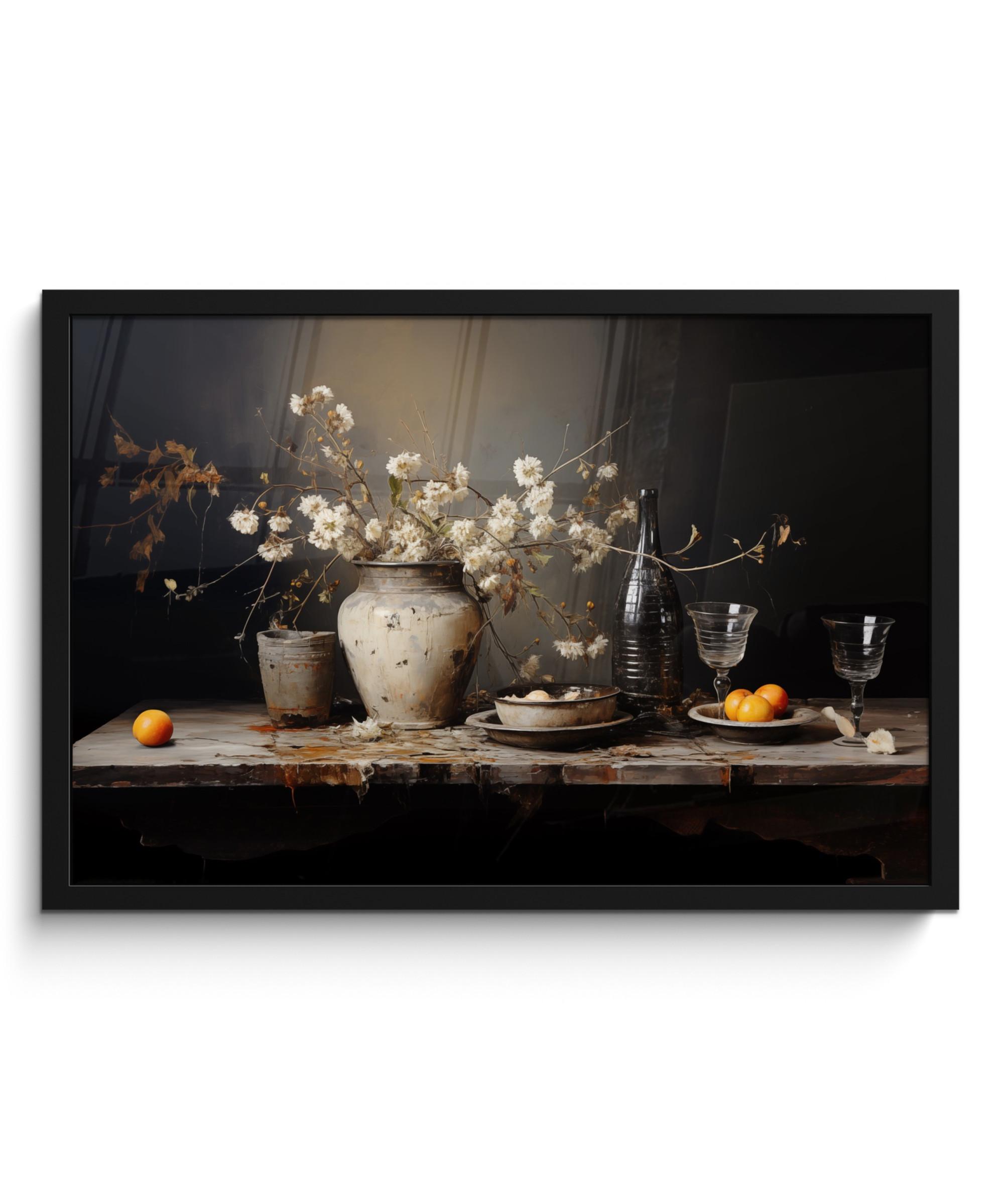 POSTER MIT RAHMEN Stilleben - Blumen - Blumenstrauß - Vase - Wein 60x40 cm - Schwarz, Papier (60/40cm) - MuchoWow