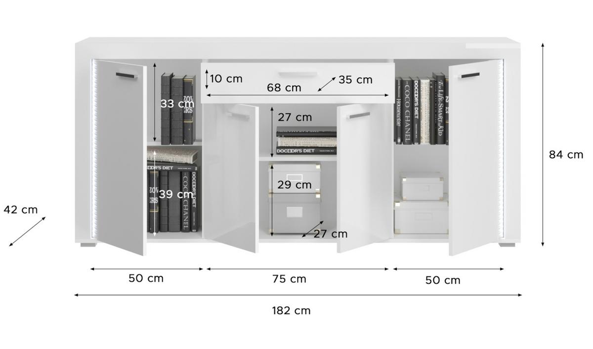 SIDEBOARD weiß Hochglanz 180 cm, mit Soft-Close-Funktion, inkl. Beleuchtung - Weiß Hochglanz/Silberfarben, Holzwerkstoff/Kunststoff (182/84/42cm) - Inn.Furn