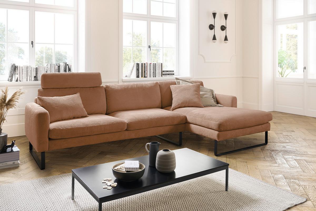ECKSOFA RICARDA Braun Cord - Schwarz/Braun, Textil/Metall (298/154cm) - KAWOLA
