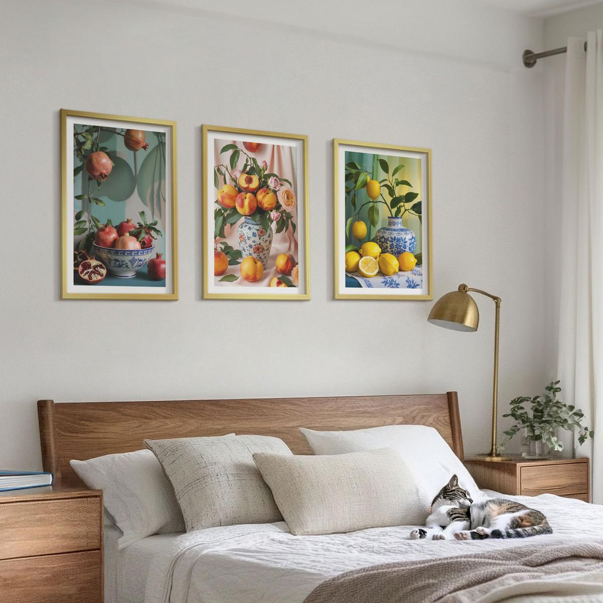 BILDER SET 3er Set - 40x60 cm Goldrahmen - Granatäpfel, Pfirsiche, Zitronen - Goldfarben, Kunststoff (40/60cm) - TULUP