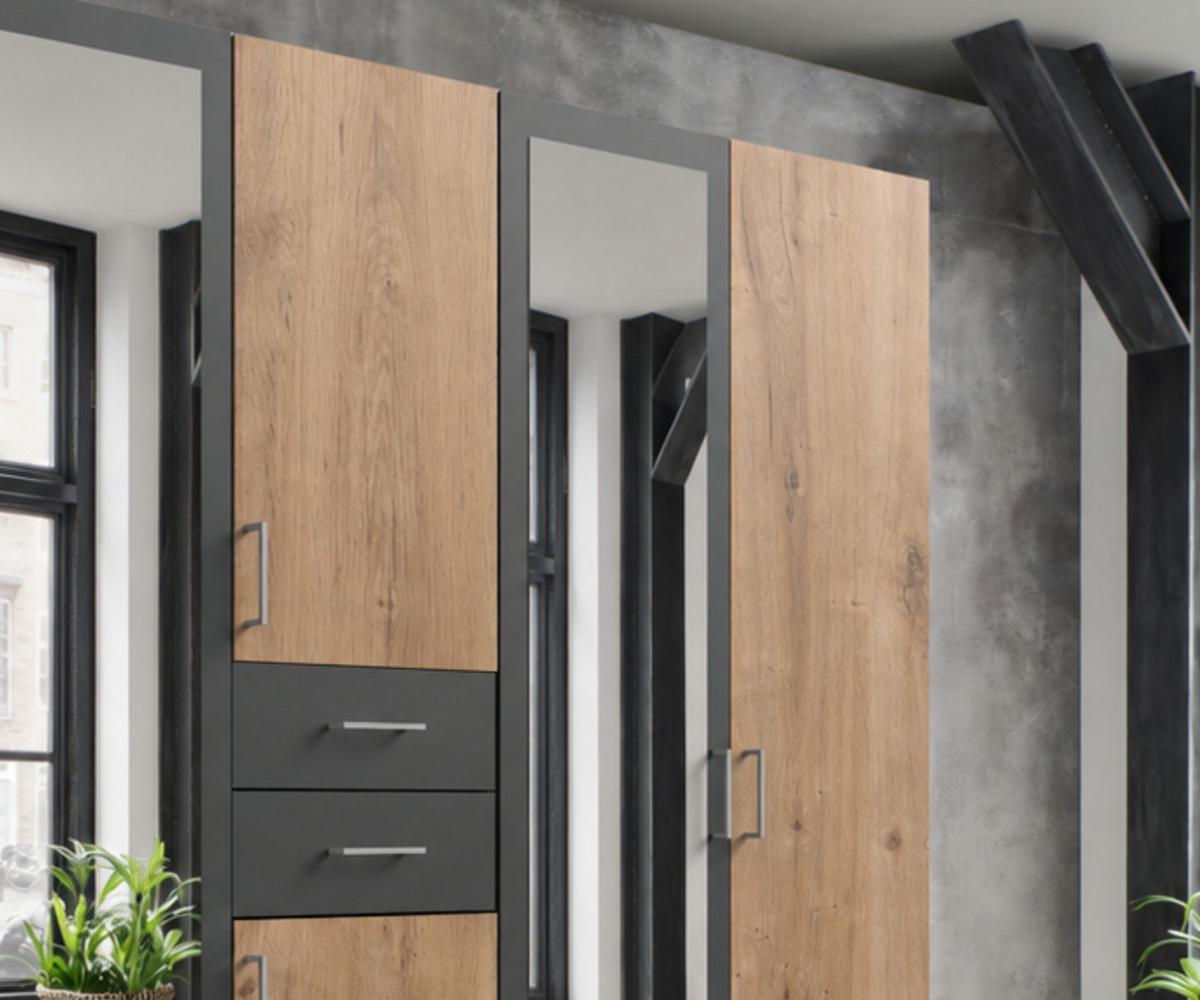 DREHTÜRENSCHRANK B225/H208/T58 cm, Eiche Dekor mit Absetzungen in Grafit, Kleiderschrank mit 2 Spiegeltüren & Schubkästen / 22592 - Eichefarben/Silberfarben, Holzwerkstoff/Kunststoff (225/208/58cm) - luma-home
