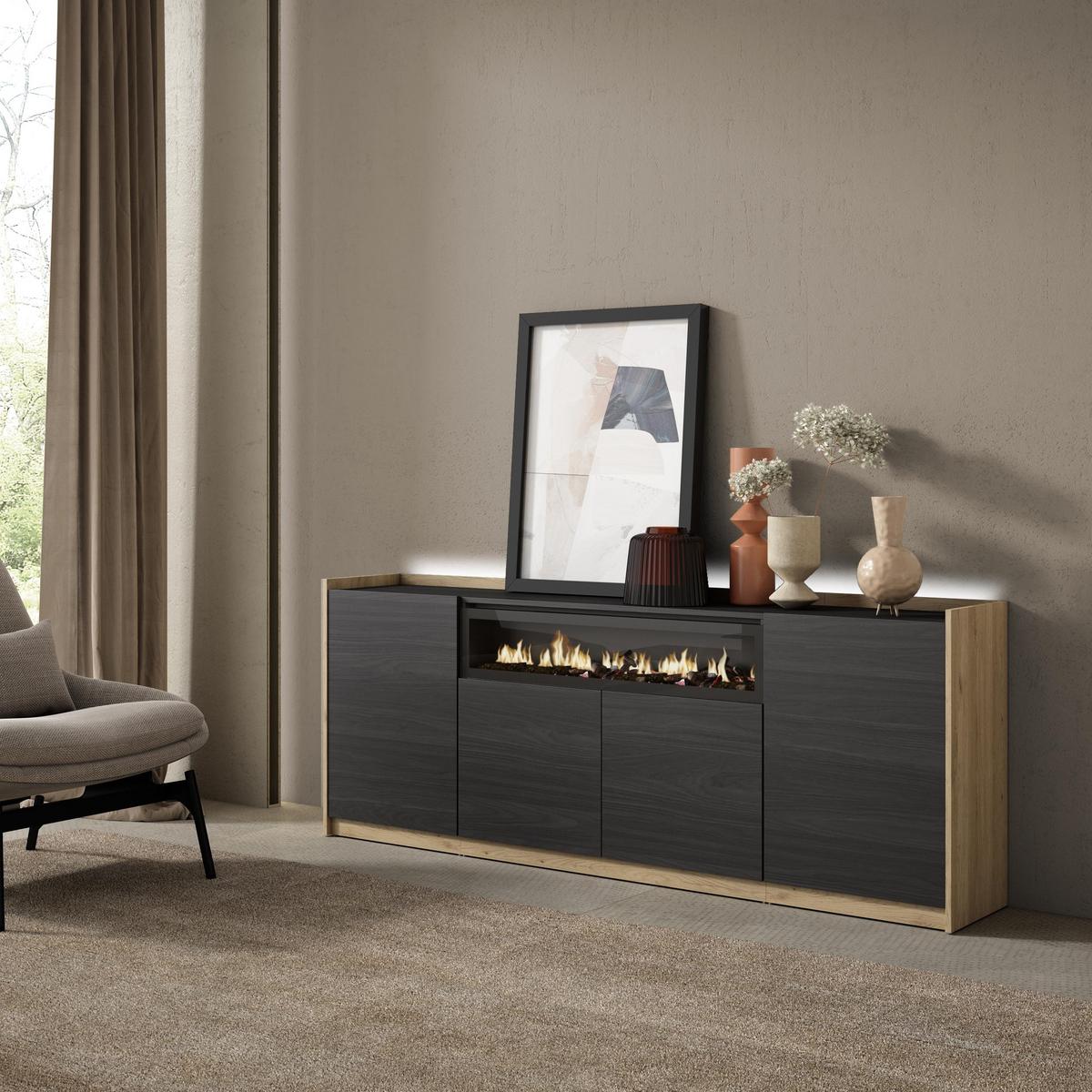 SIDEBOARD, Schwarz und Eiche, 207/37/80cm, Kamin mit Feuereffekt - Schwarz, Holzwerkstoff (207/80/37cm) - Skraut Home