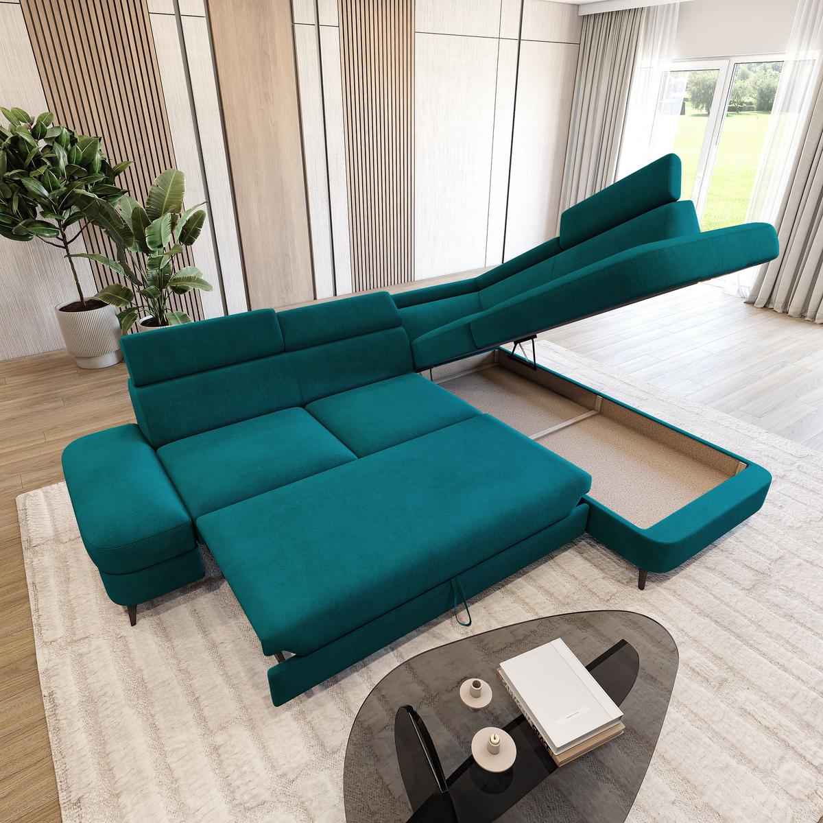 ECKSOFA AVISE MV R-S Blau Velours-Stoff mit Schlaffunktion - Blau, Holzwerkstoff/Textil (268/195cm) - MASSENO