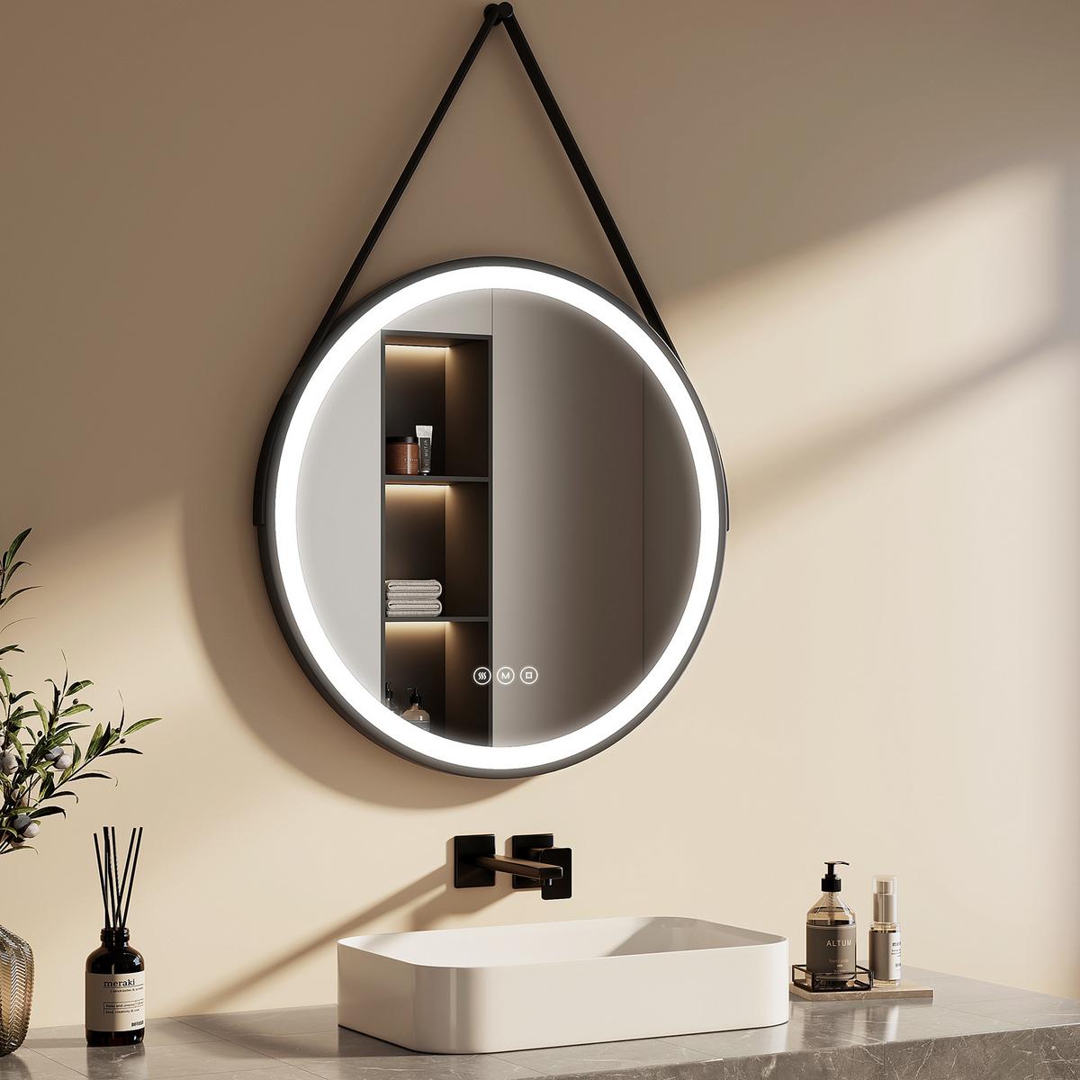 BADSPIEGEL mit Touch-Schalter Beleuchtung mit Hängeriemen Schwarz Ø 70 cm - Schwarz, Glas (70/70/3.5cm) - EMKE
