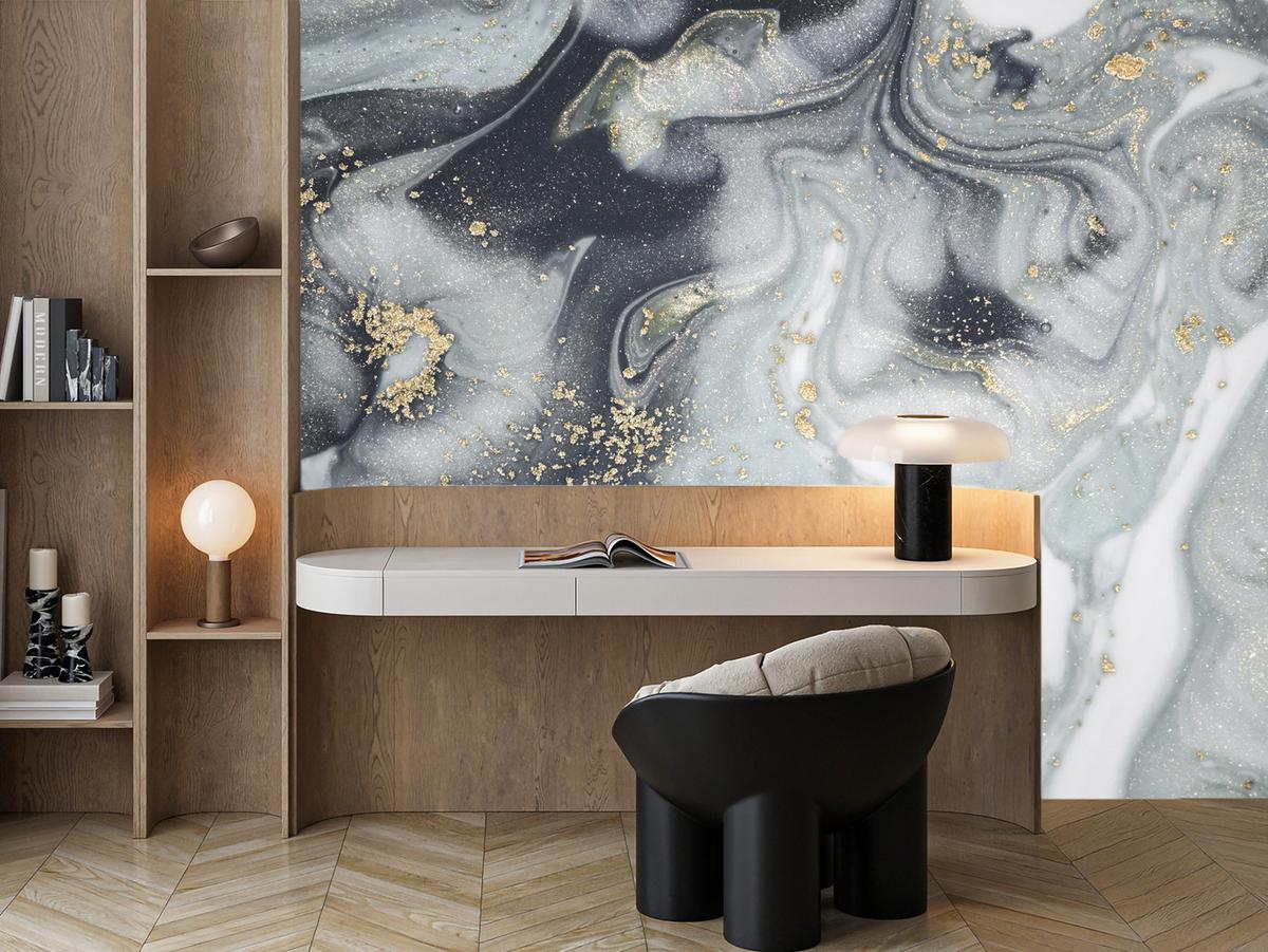 FOTOTAPETE für Badezimmer Luxus Grauer Marmor Muster Goldene Verzierungen 200x140 - Gelb/Weiß, Papier (200/140cm) - Muralo