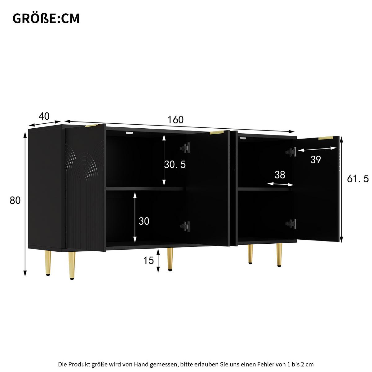 SIDEBOARD schwarz & gold-details mit 4 türen & 3d-rillen-design - Schwarz, Holzwerkstoff (160/80/40cm) - Urban Meuble