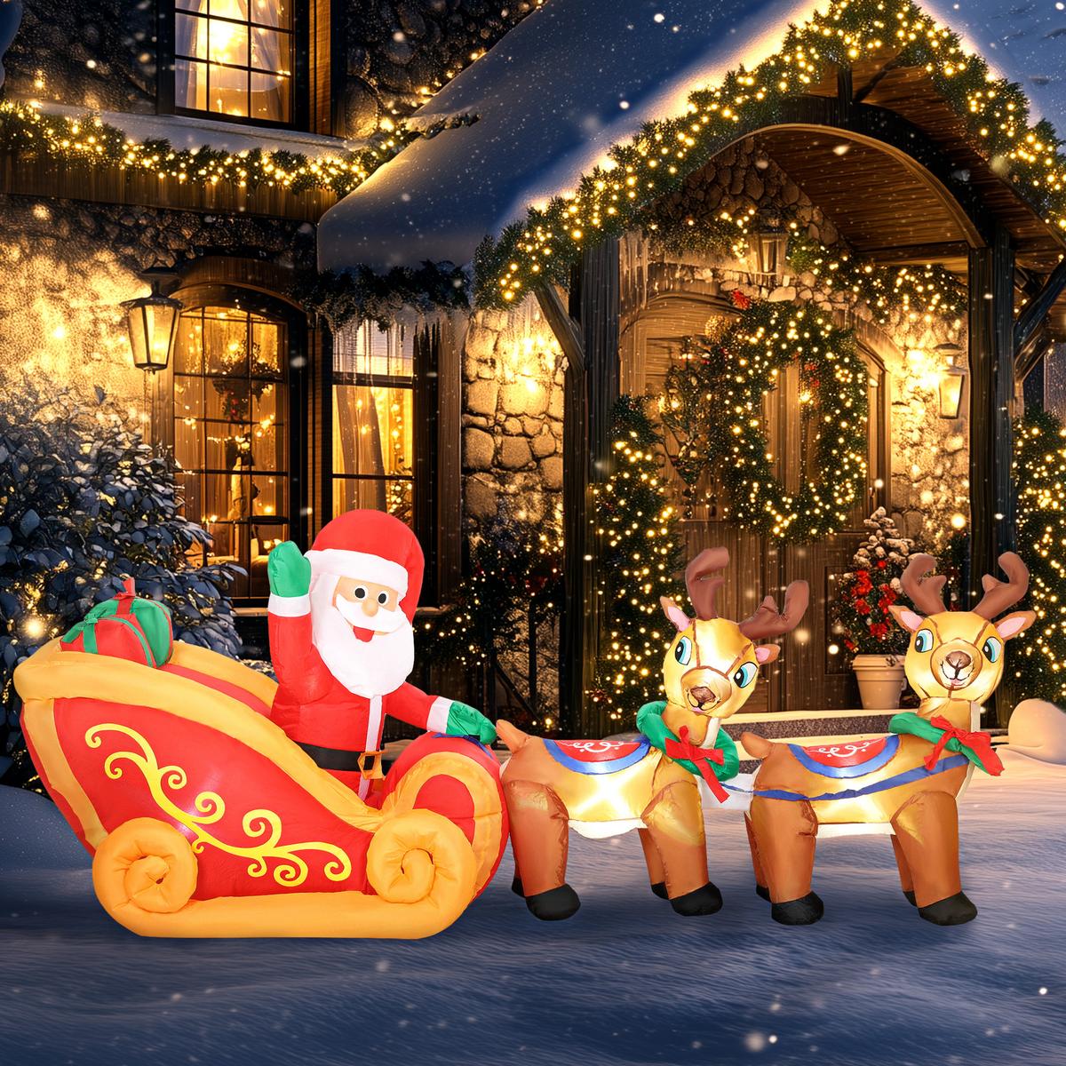 240 cm Aufblasbarer Weihnachtsmann auf Schlitten mit 2 Rentier LED-Lichtern - Rot, Textil (75/100/240cm) - Outsunny
