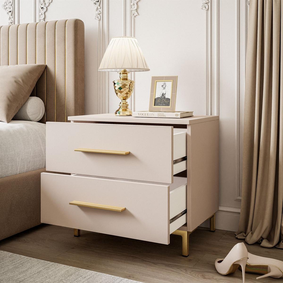 NACHTTISCH LINA KASCHMIR mit LED-Beleuchtung, goldenen Beinen und Griffen - Kaschmir/Goldfarben, Holzwerkstoff (55/52/37cm) - Lookway