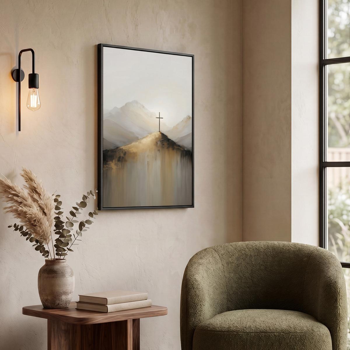 LEINWAND Bilder mit Rahmen - Hügel - Abstrakt - Kreuz - Christentum - 50x70 - Beige, Textil (50/70cm) - MuchoWow
