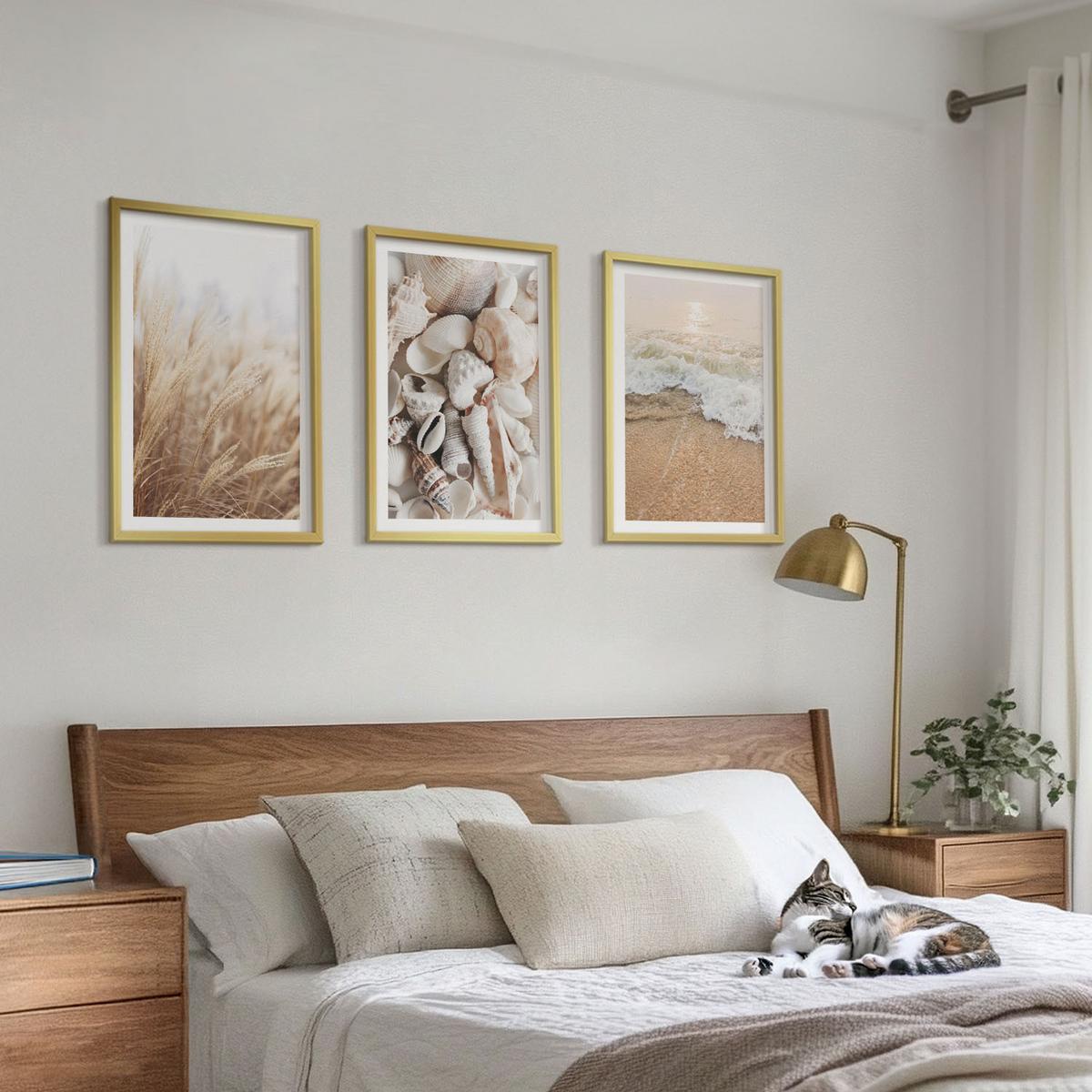BILDER SET 3er Set - 40x60 cm Goldrahmen - Strandmotive, Muscheln, Wellen - Goldfarben, Kunststoff (40/60cm) - TULUP