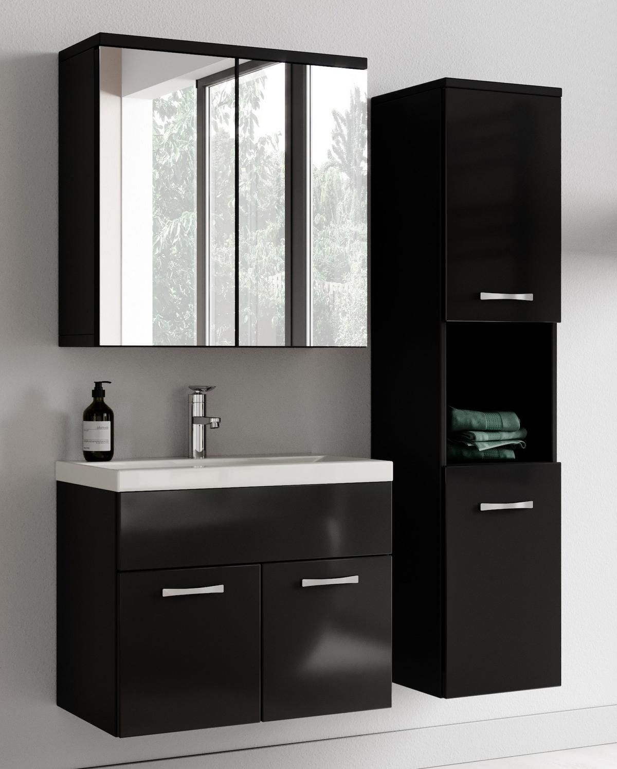 BADMÖBEL-SET Montreal 4 Teile Spiegelschrank Schwarz Hochglanz - 60 x 35 x 51 cm - Schwarz, Holz (60/51/35cm) - Badplaats