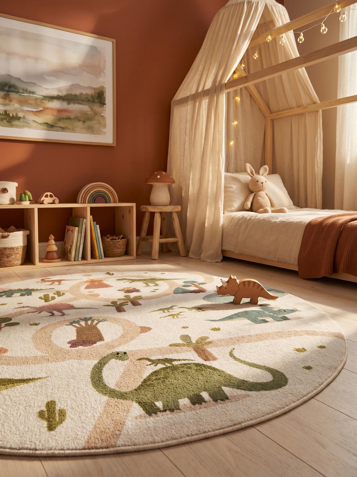 SPIELTEPPICH Waschbar TINO in Creme, mit Dino-Landschaft, Ø 160 cm - Beige, Textil (160/160cm) - KADIMA DESIGN