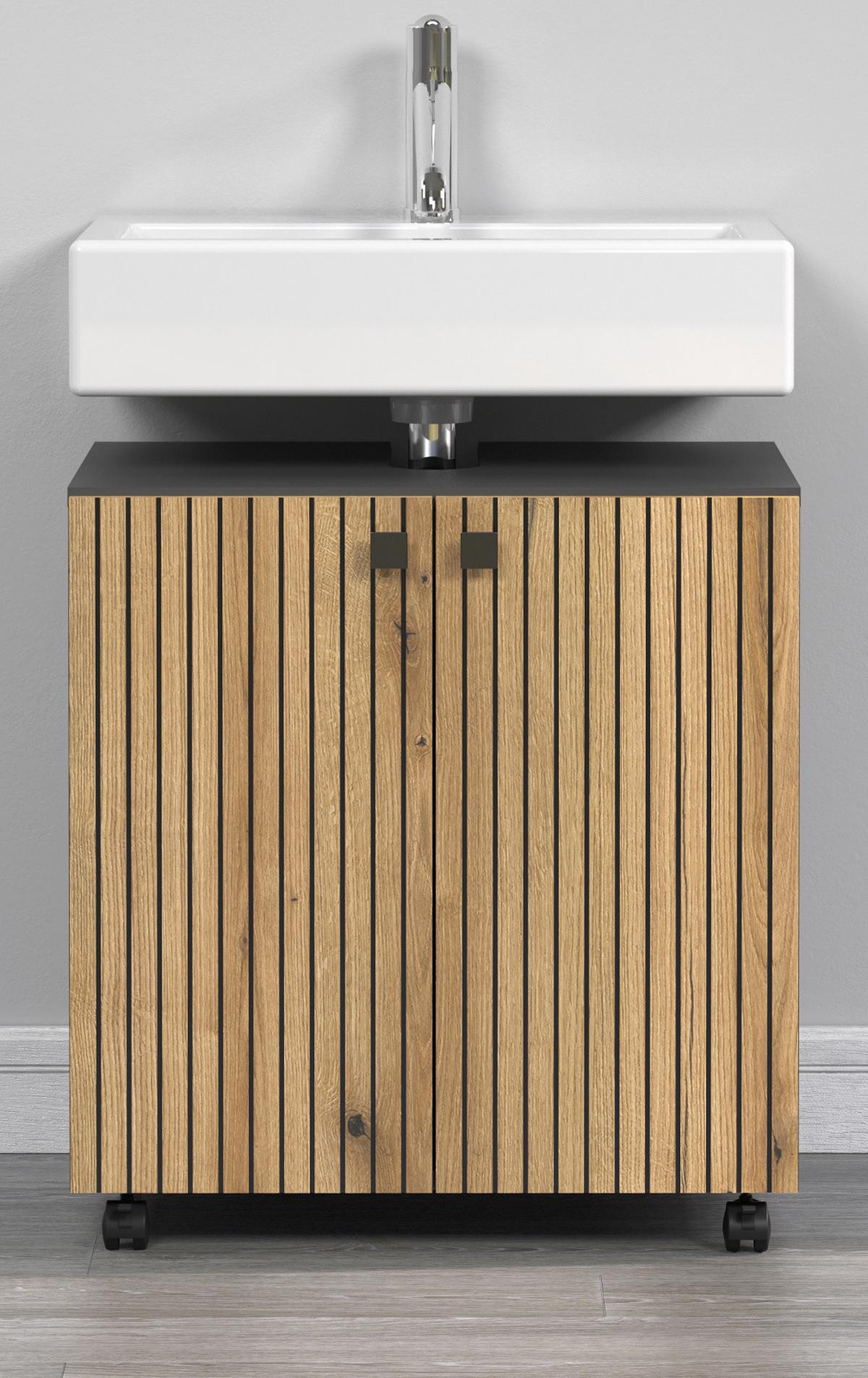 WASCHBECKENUNTERSCHRANK Evoke Eiche, grau 60 cm, Badschrank auf Rollen - Eichefarben/Anthrazit, Holzwerkstoff/Metall (60/64/42cm) - Top.Furn