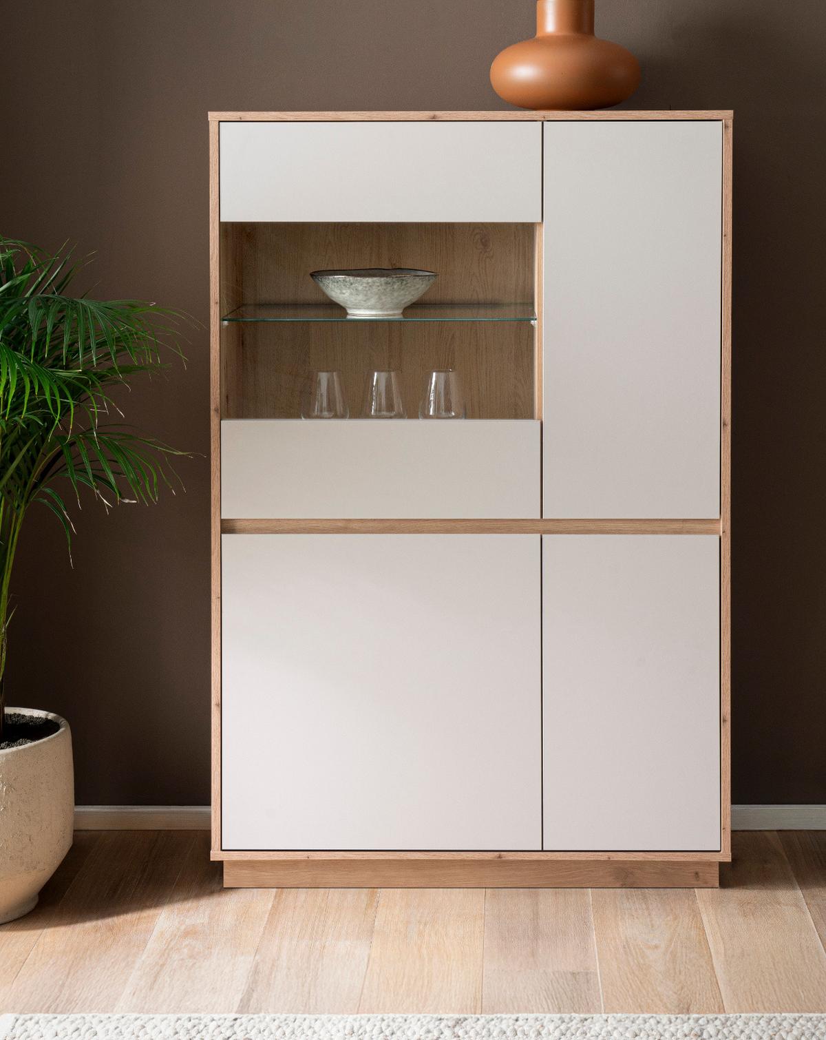 VITRINE Kaschmir, Eiche Artisan 75 cm, Highboard mit Soft-Close - Kaschmir/Eiche Artisan, Glas/Holzwerkstoff (75/144/40cm) - Furn.Design