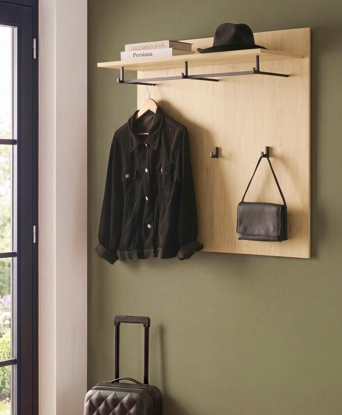 GARDEROBENPANEEL Stone Eiche 90 x 90 cm, Wandgarderobe mit Hutablage - Eichefarben/Schwarz, Holzwerkstoff/Metall (90/90/30cm) - Furn.Design