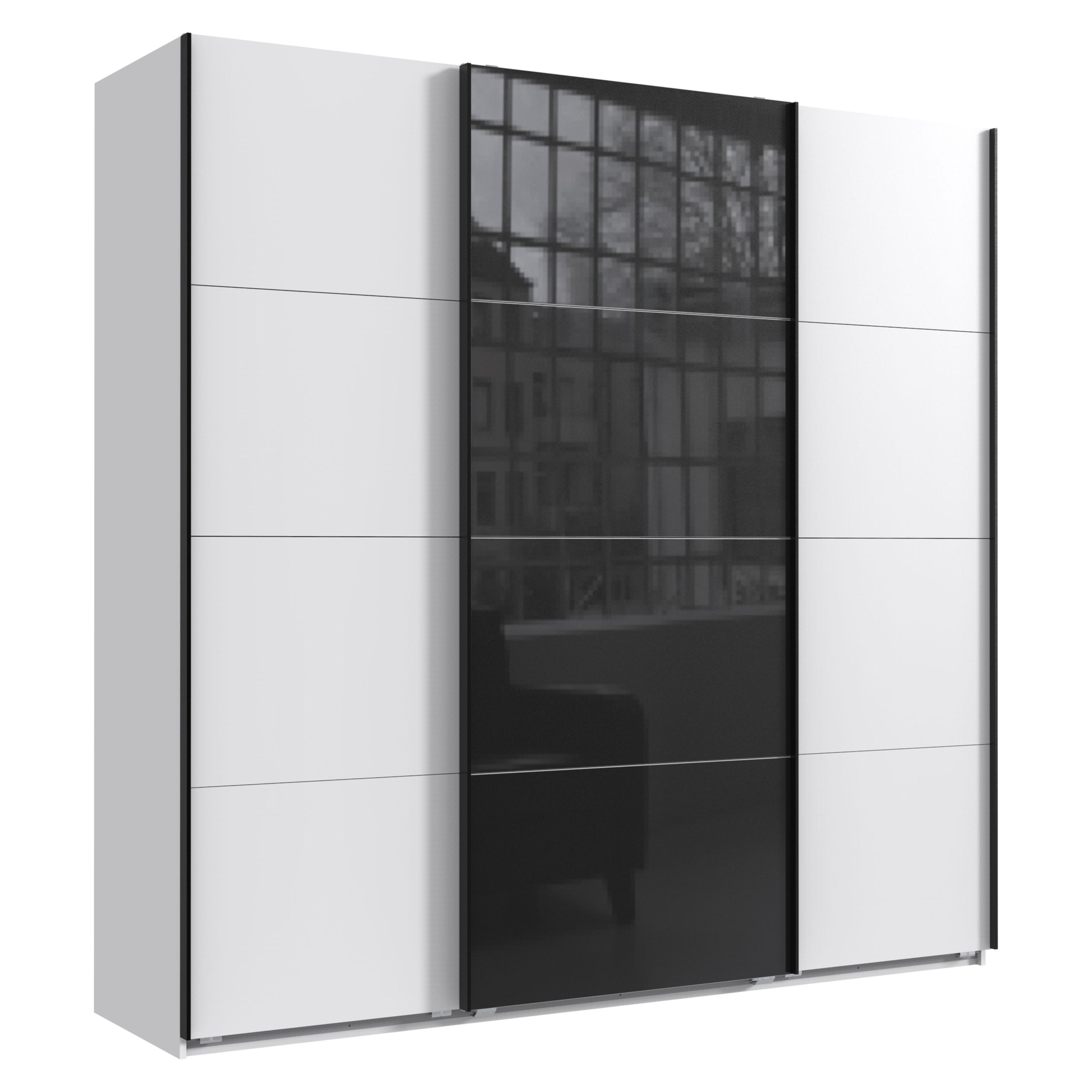 SCHWEBETÜRENSCHRANK 3-türig B225/H236/T64 cm extrahoch in Weiß, Kleiderschrank mit einer Glasfront-Tür in Schwarz / 22543 - Schwarz Hochglanz/Goldfarben, Holzwerkstoff/Metall (225/236/64cm) - luma-home