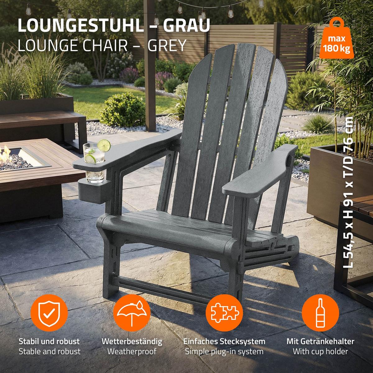 ADIRONDACK LOUNGESTUHL mit Getränkehalter Grau aus Kunststoff - Grau, Kunststoff (54.5/91/76cm) - ML-DESIGN