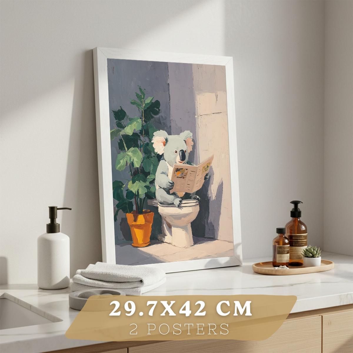 POSTER 2er-Set dekorative Badezimmer-Kunstdrucke und lustige für Wand, Waschbecken, Toilette mit lesenden Tieren im Badezimmer, Stil Weißer Rahmen A3 - Weiß, Papier (42/29.7/3cm) - Nacnic