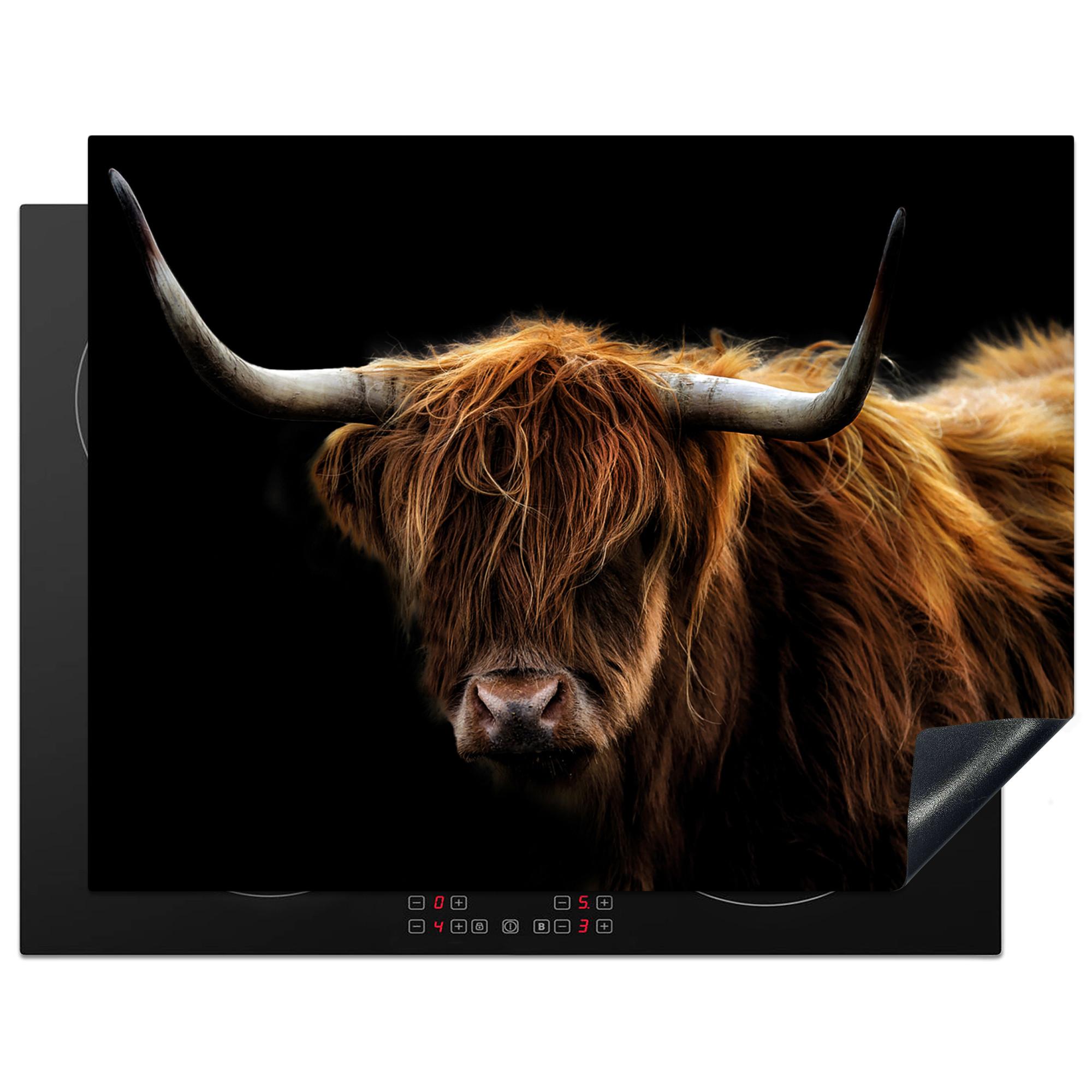 HERDABDECKPLATTE Schottischer Highlander - Hörner - Schwarz - Tiere - Natur - Wild - Kuh Induktionsmatte 77x59 cm - Cognac, Kunststoff (77/59/0.2cm) - MuchoWow