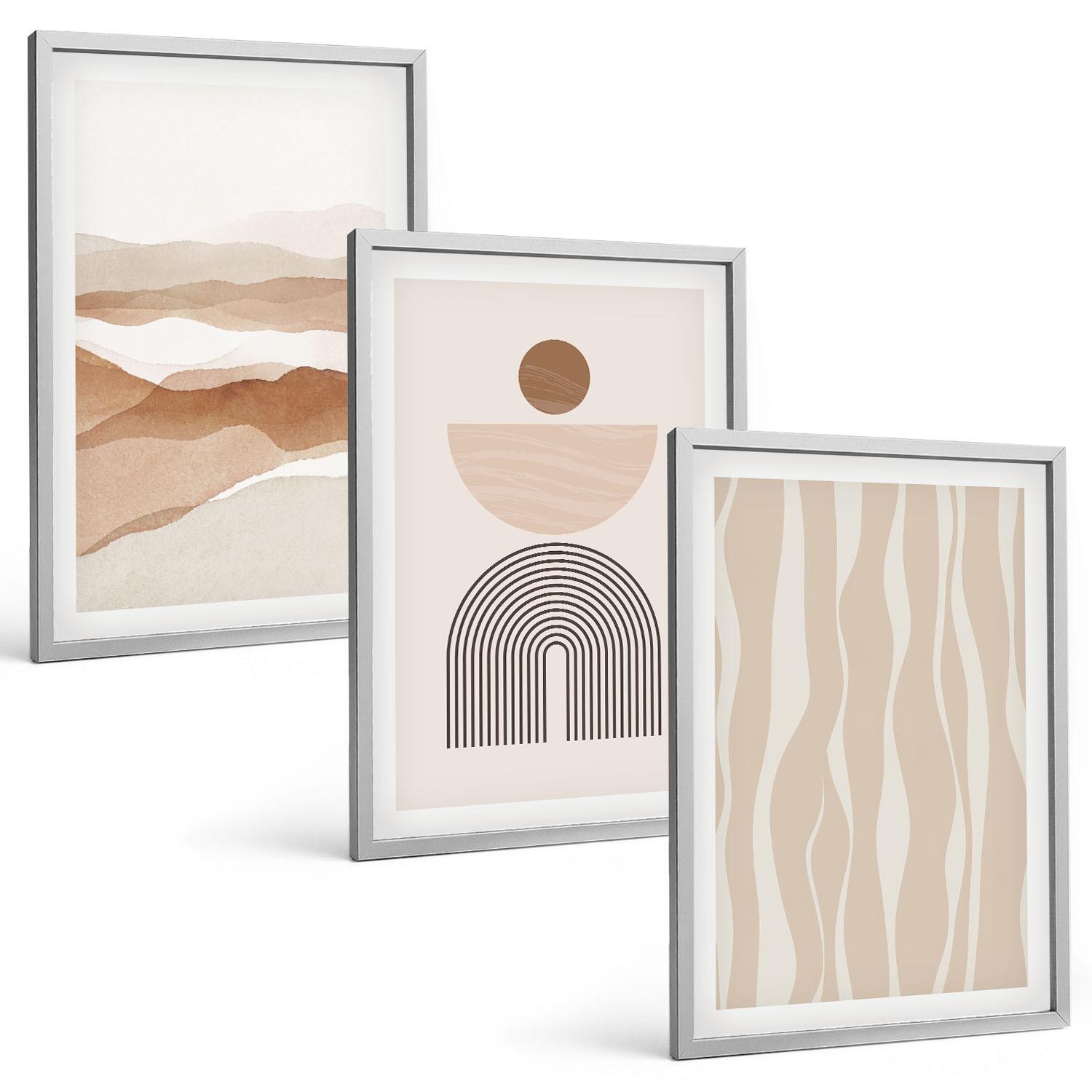 BILDER SET 3er Set - 40x60 cm Silberner Rahmen - Abstrakte Landschafts- und Naturgeometrie - Silberfarben, Kunststoff (40/60cm) - TULUP