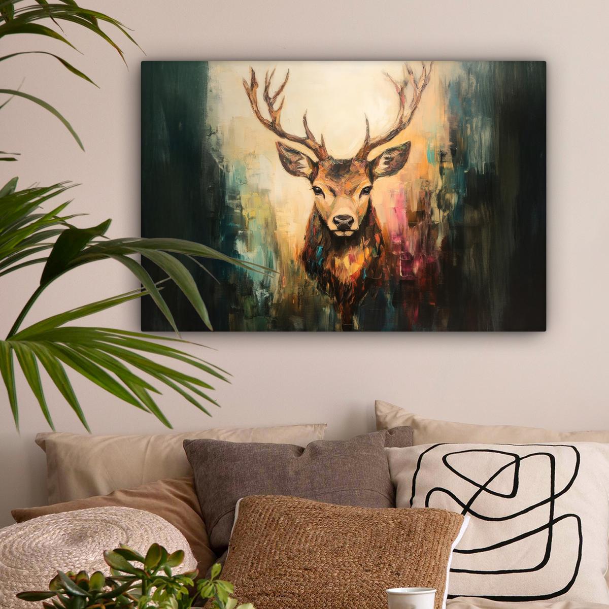 LEINWANDBILD Hirsch - Gemalt - Geweih - Braun Wanddeko 90x60 cm - Haselnussfarben, Textil (90/60cm) - MuchoWow