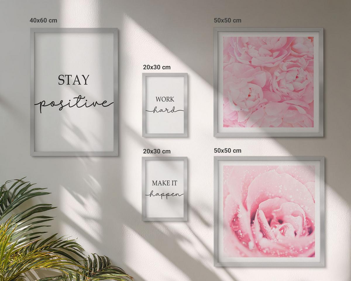 BILDER SET 5er Set - 50x50 cm & 20x30 cm & 40x60 cm Silberner Rahmen - Minimalistische rosa Blüten - Silberfarben, Kunststoff (40/60cm) - TULUP