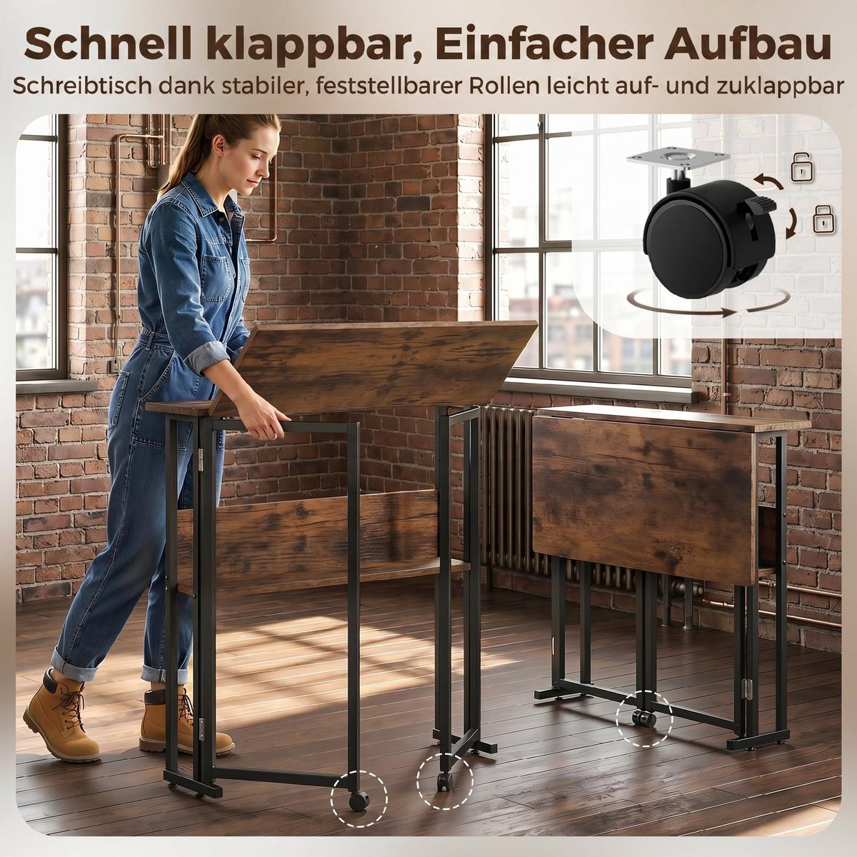 KLAPPBARER-SCHREIBTISCH Spanplatte Metall Rustikales-Braun - Braun, Holzwerkstoff (80/58/75cm) - HOMCOM