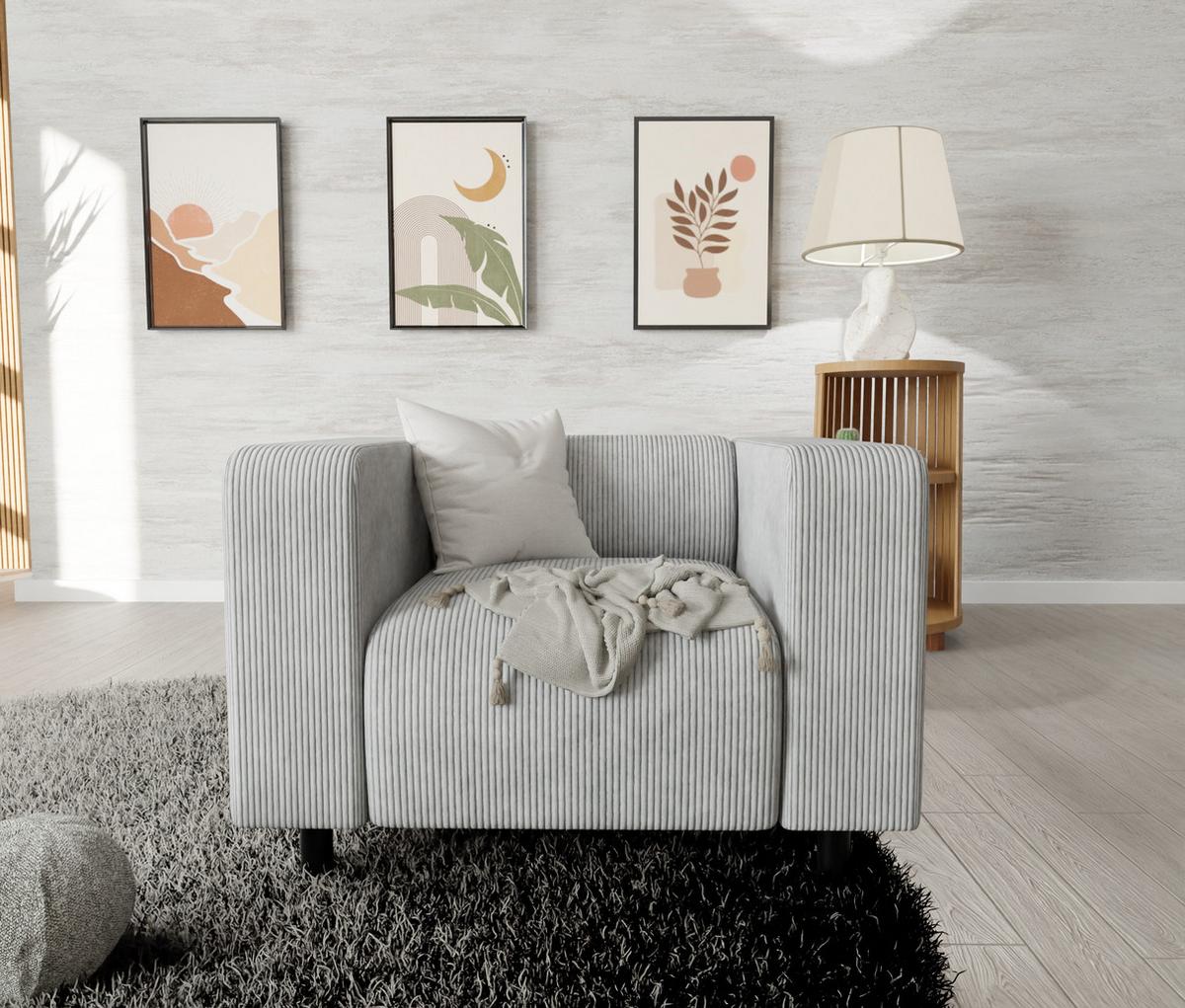 SITZGARNITUR 3+2+1 Tove Hellgrau Cord - Hellgrau/Schwarz, Holz/Kunststoff (175/65/80cm) - S-Style Möbel