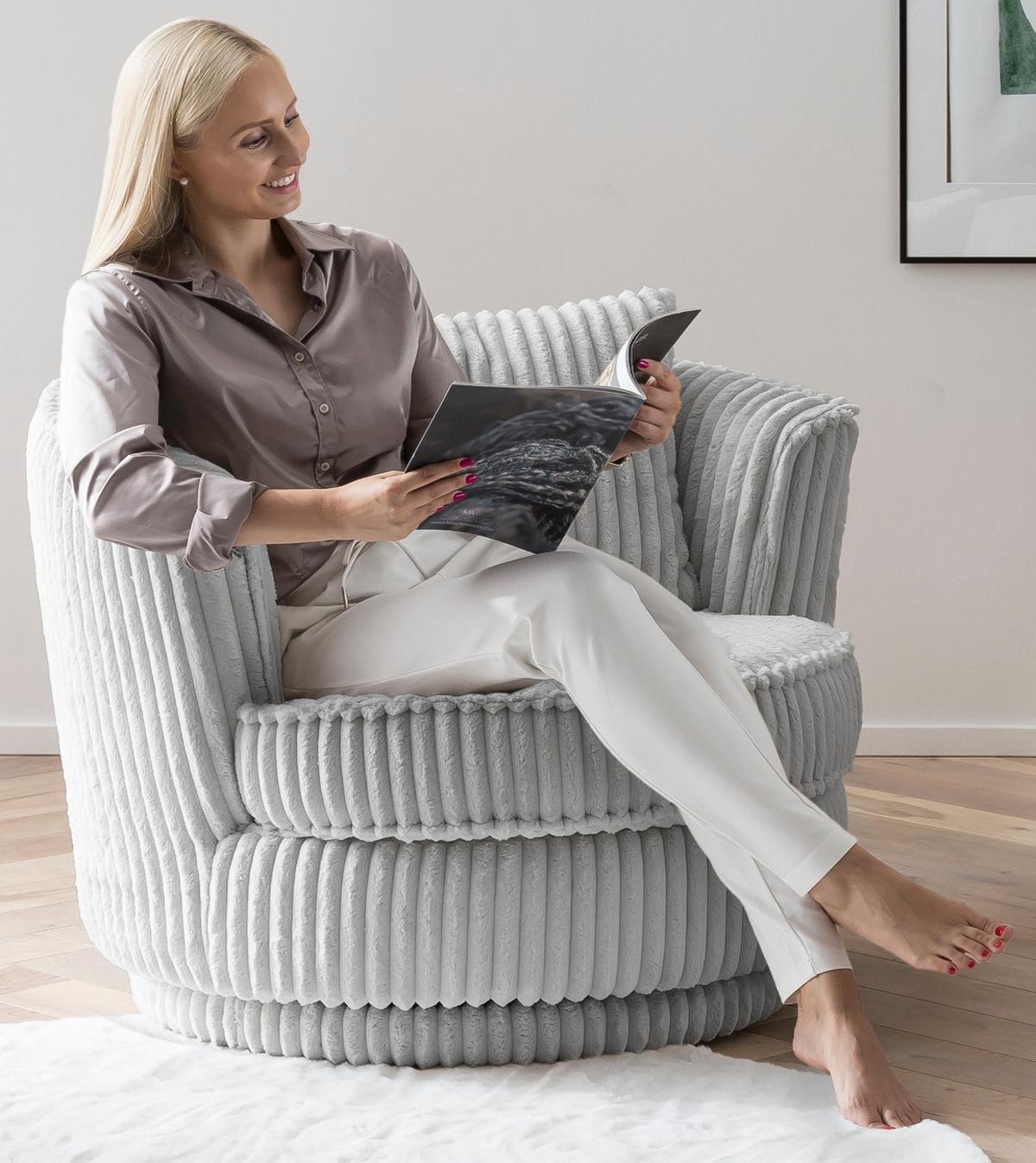 BIG-SESSEL Mega Cord hell grau Ø 95 cm 360° drehbar, inklusive Kissen - Hellgrau, Holz/Kunststoff (95/77/95cm) - Furn.Design