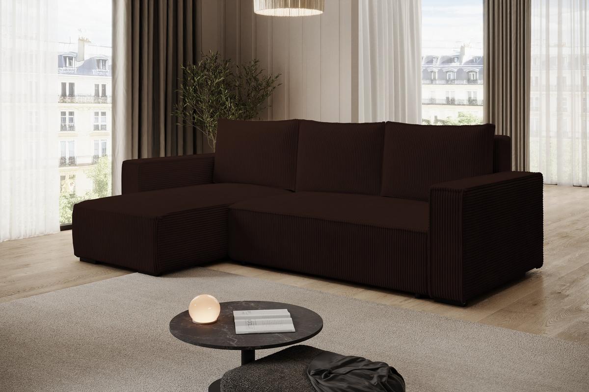 ECKSOFA CUDDY L, Eckcouch in L-Form mit Schlaffunktion und Bettkasten, Farbe: Dunkelbraun, Cordstoff, Ottomane Links - Dunkelbraun, Textil (240/140cm) - Storez24