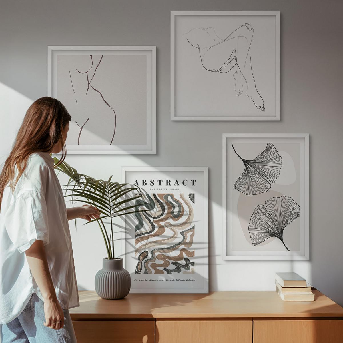 BILDER SET 4er Set - 50x50 cm & 40x60 cm Weißer Rahmen - Abstrakte Boho-Blattformen - Weiß, Kunststoff (50/50cm) - TULUP