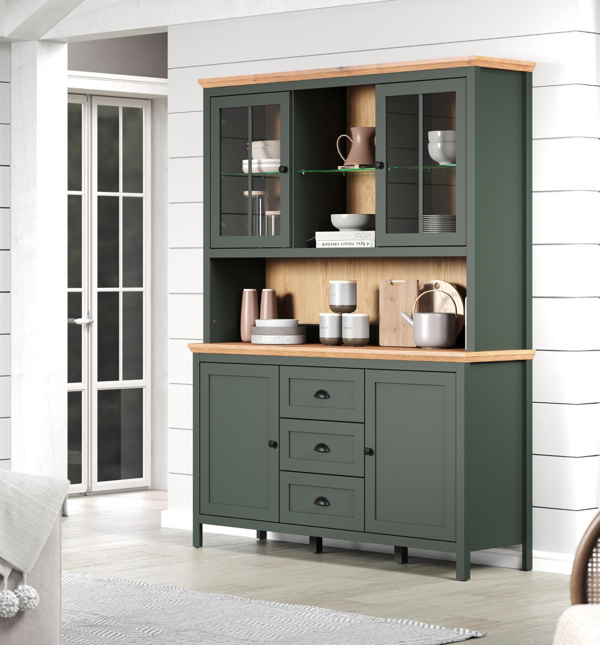 BUFFETSCHRANK grün, Evoke Eiche Landhaus 146 x 198 cm, Vitrine inklusive LED - Eichefarben/Schwarz, Glas/Holzwerkstoff (45/198/146cm) - Top.Furn