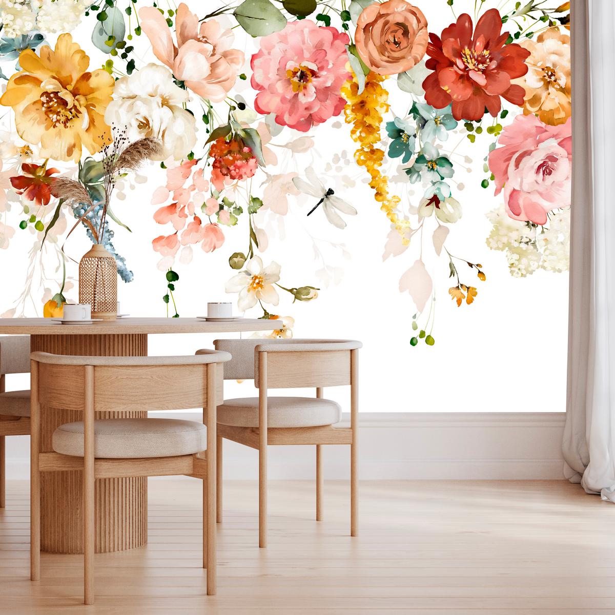 FOTOTAPETE für Schlafzimmer Aquarell Bunte Blumen Ranken Blätter 250x175 - Gelb/Rot, Papier (250/175cm) - Muralo