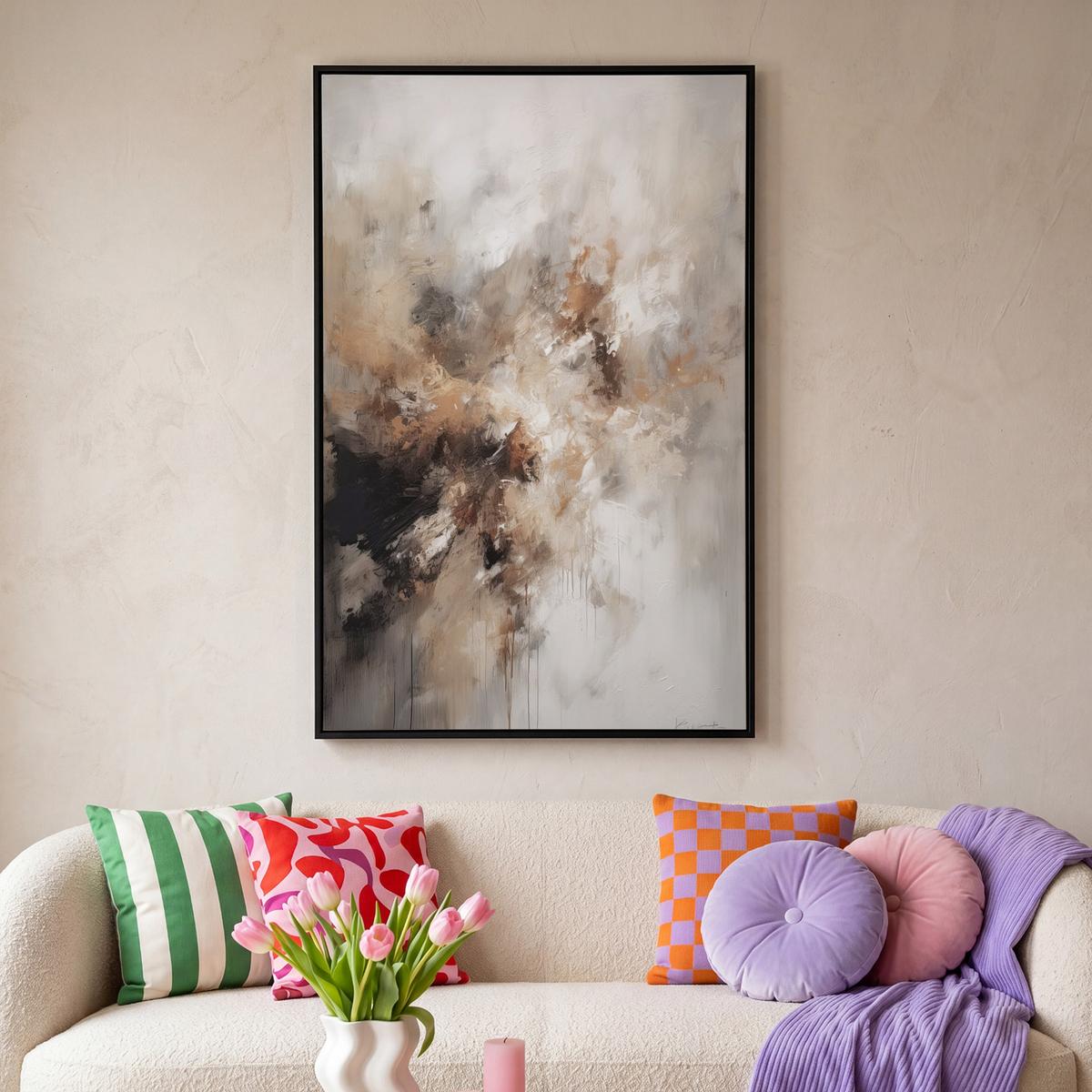 LEINWAND Bilder mit Rahmen - Farbe - Abstrakt - Beige - Kunst - 90x140 - Greige, Textil (90/140cm) - MuchoWow