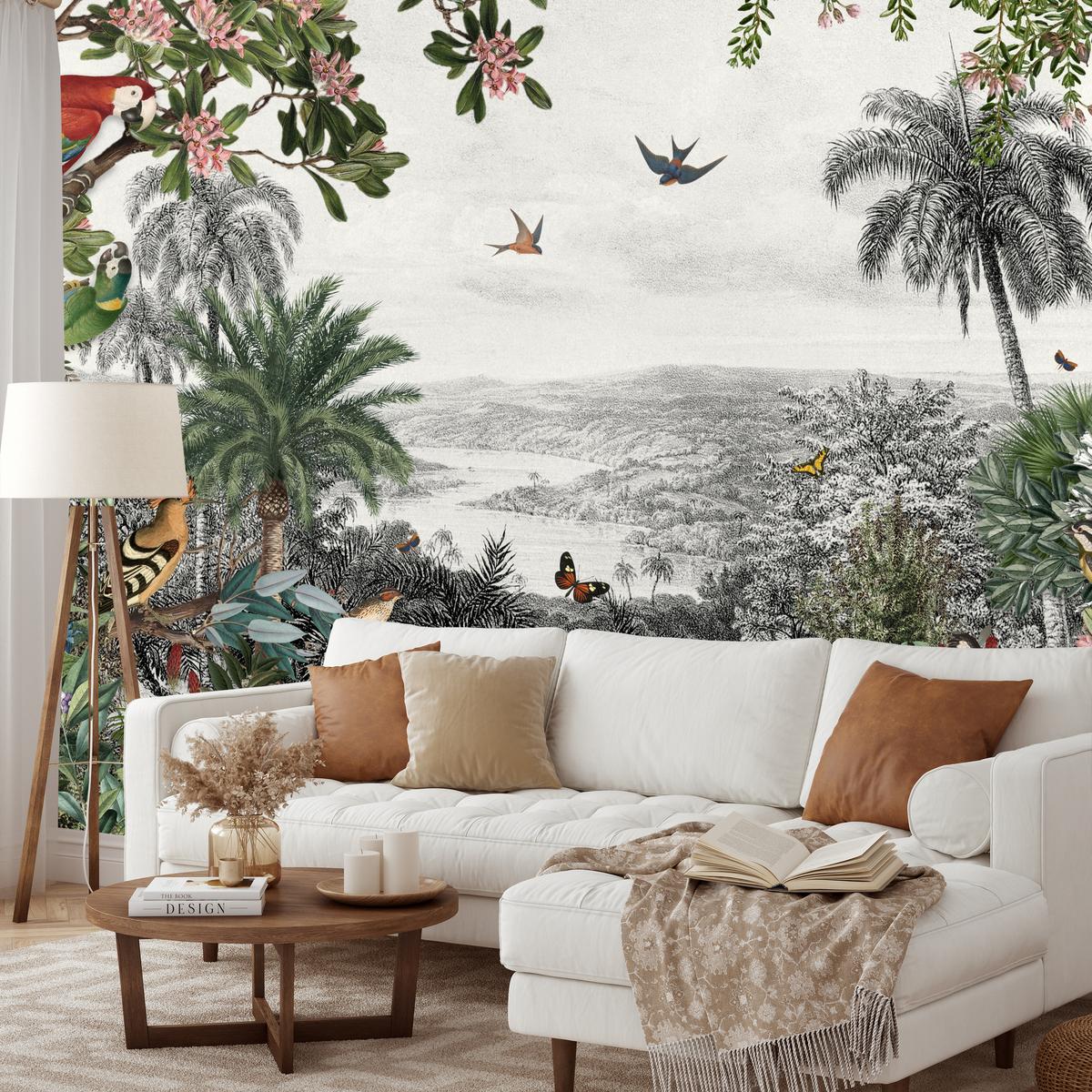 FOTOTAPETE für Wohnzimmer Tropenpapageien Vögel Palmen 250x175 - Gelb/Rot, Papier (250/175cm) - Muralo