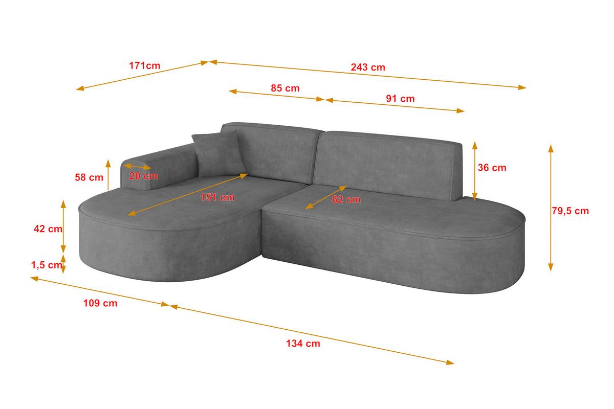 ECKSOFA Ottomane Links MARI-L1 - 243x171x79 cm Grau Velours - Schwarz/Grau, Holzwerkstoff/Kunststoff (243/171cm) - ALTDECOR