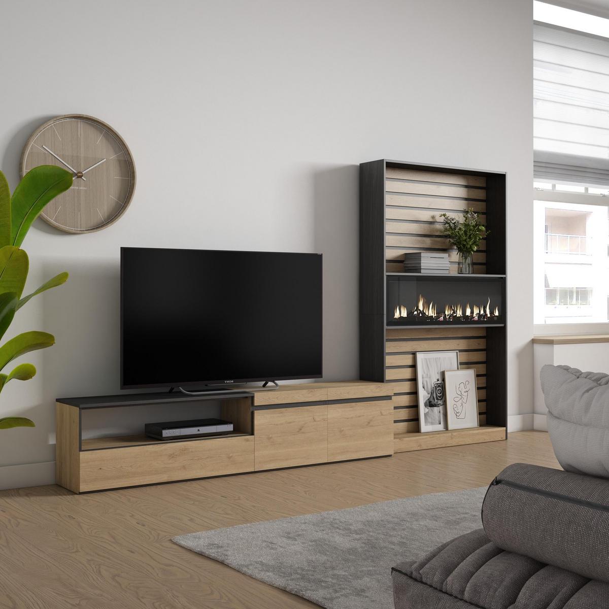 WOHNWAND Wohnzimmer, eiche, schwarz, Elektrokamin,, 310/35/186cm - Eichefarben/Beige, Holzwerkstoff (310/186/35cm) - Skraut Home