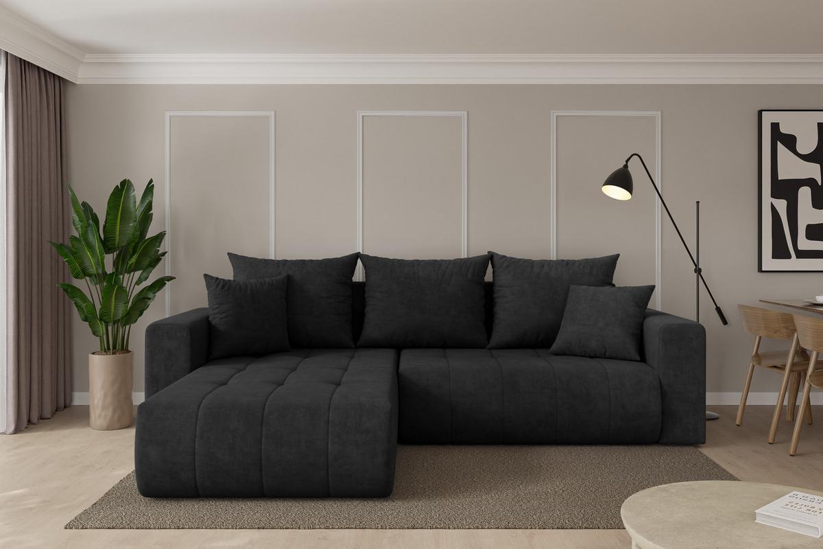 ECKSOFA mit Schlaffunktion Ottomane Links MILA-L 277x194x86 Schwarz Velours - Schwarz, Holzwerkstoff/Kunststoff (277/194cm) - ALTDECOR
