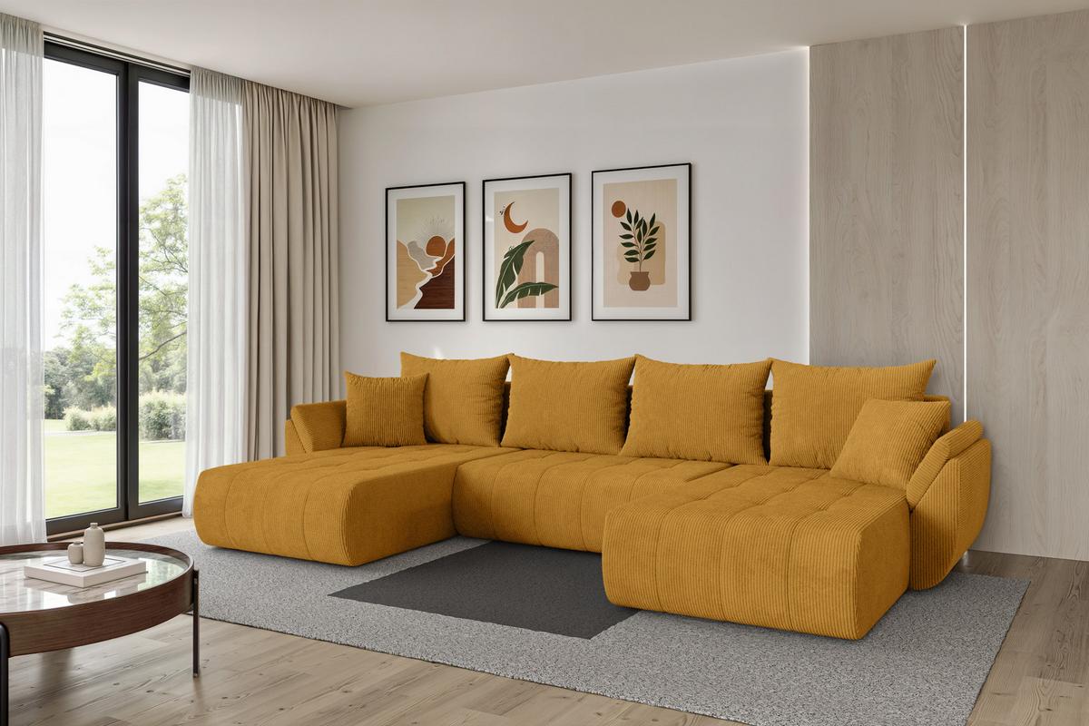 WOHNLANDSCHAFT mit Schlaffunktion und Bettkasten TOKO-U 378x194x86 Senfgelb Cord - Dunkelgelb/Schwarz, Holzwerkstoff/Kunststoff (378/86/194cm) - ALTDECOR