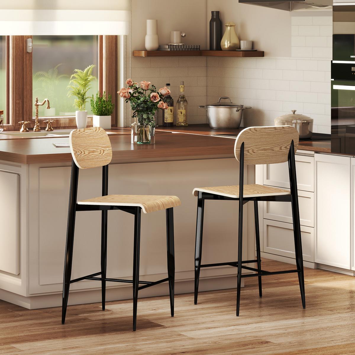 BARHOCKER 2er Set, Barstuhl mit Metallgestell, Küchenstuhl mit Sitzhöhe 66 cm - Naturfarben, Metall (43/103/55cm) - HOMCOM