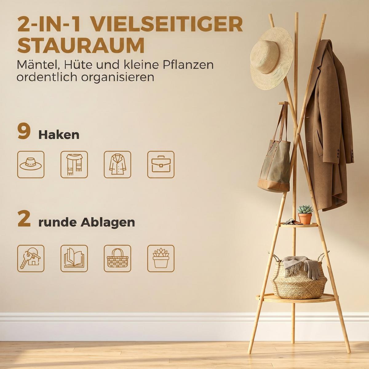 GARDEROBENSTÄNDER Bambus MDF Naturholz - Naturfarben, Naturmaterialien/Holzwerkstoff (58.5/176/58.5cm) - HOMCOM