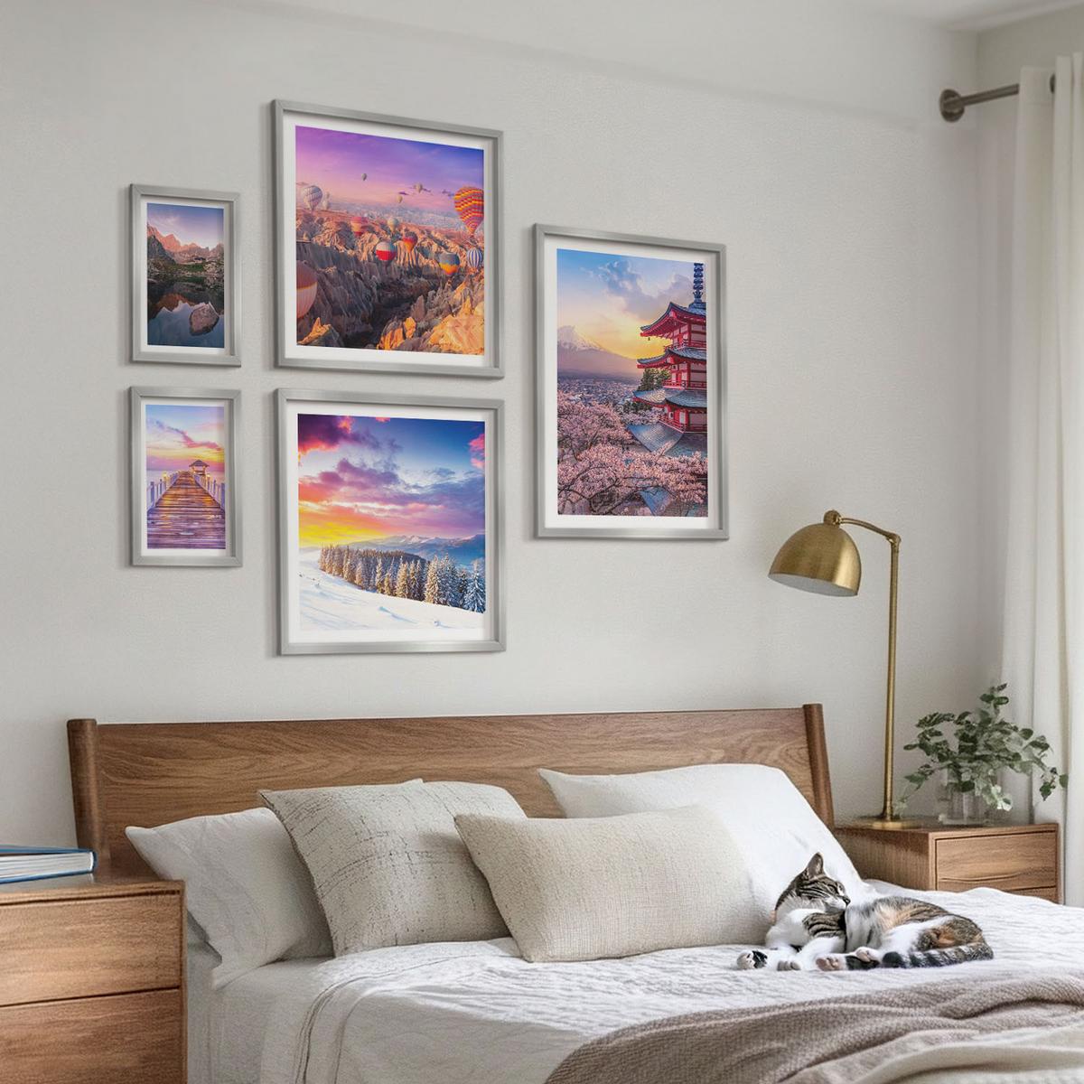 BILDER SET 5er Set - 50x50 cm & 20x30 cm & 40x60 cm Silberner Rahmen - Romantische Himmelslandschaften - Silberfarben, Kunststoff (40/60cm) - TULUP
