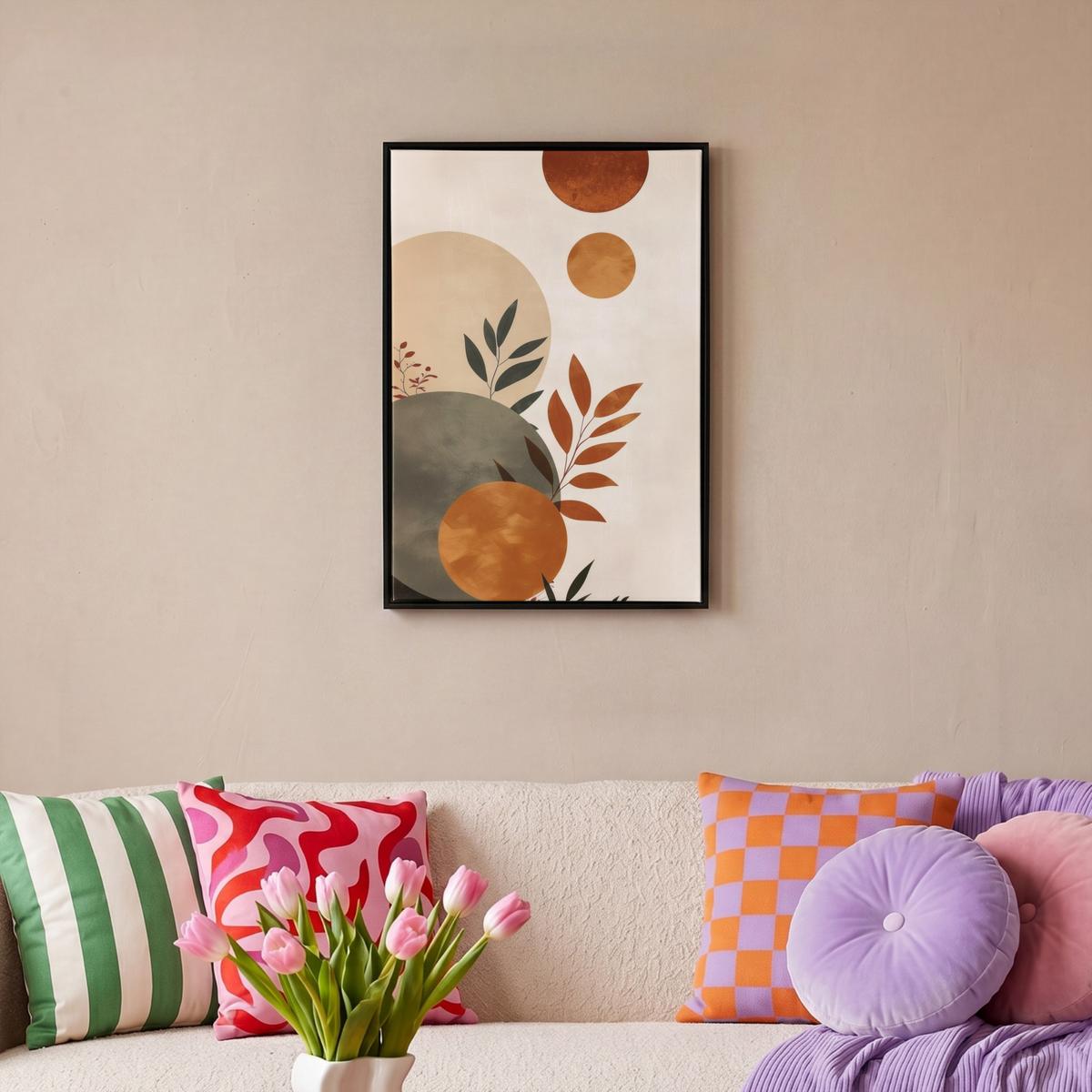 LEINWAND Bilder mit Rahmen - Formen - Rund - Blätter - Beige - 40x60 - Rostfarben, Textil (40/60cm) - MuchoWow