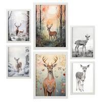 POSTER Set Mit 6 Hirsche A3 & A4 Weißer Rahmen - Weiß, Papier (29/3cm) - Nacnic