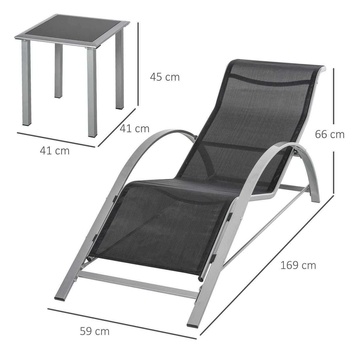 GARTENLIEGE mit Tisch, 59L x 169B x 66H cm, Metall,Mesh, Schwarz+Silber - Schwarz, Kunststoff (169/66/59cm) - Outsunny